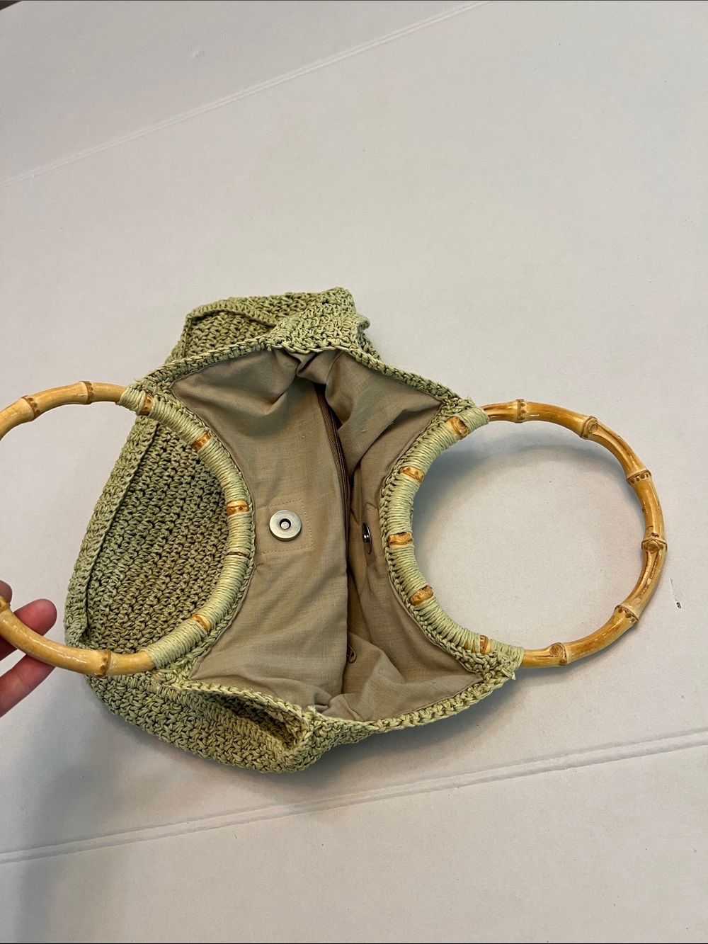 SCALA GAL Y2K GREEN WOVEN TWINE WITH FLOWERS WITH BAMBOO HANDLES BAG PURSE - Picture 5 of 12
